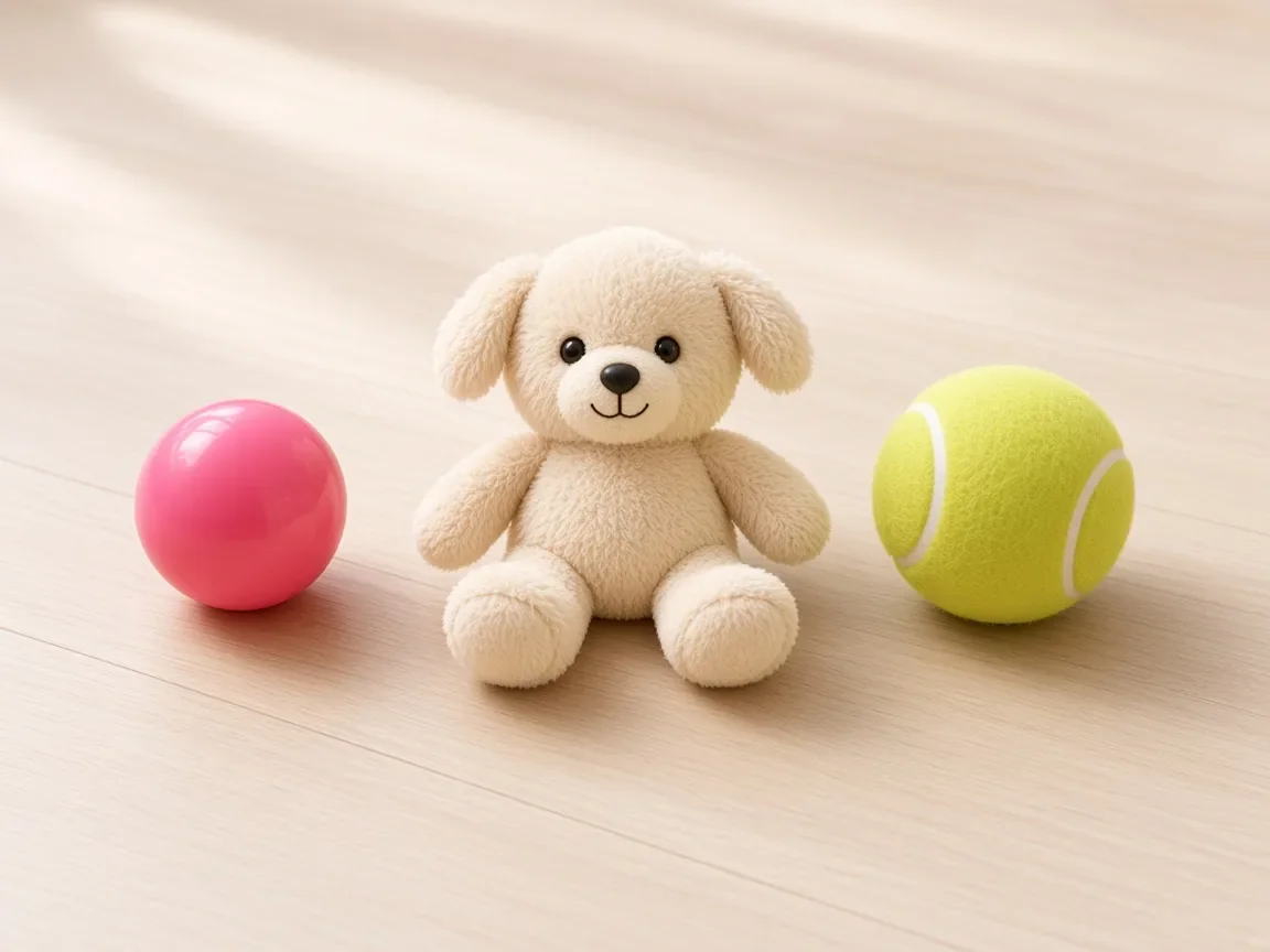 A small ball and a soft plush toy sized correctly for a Yorkie, next to a full-size tennis ball for comparison