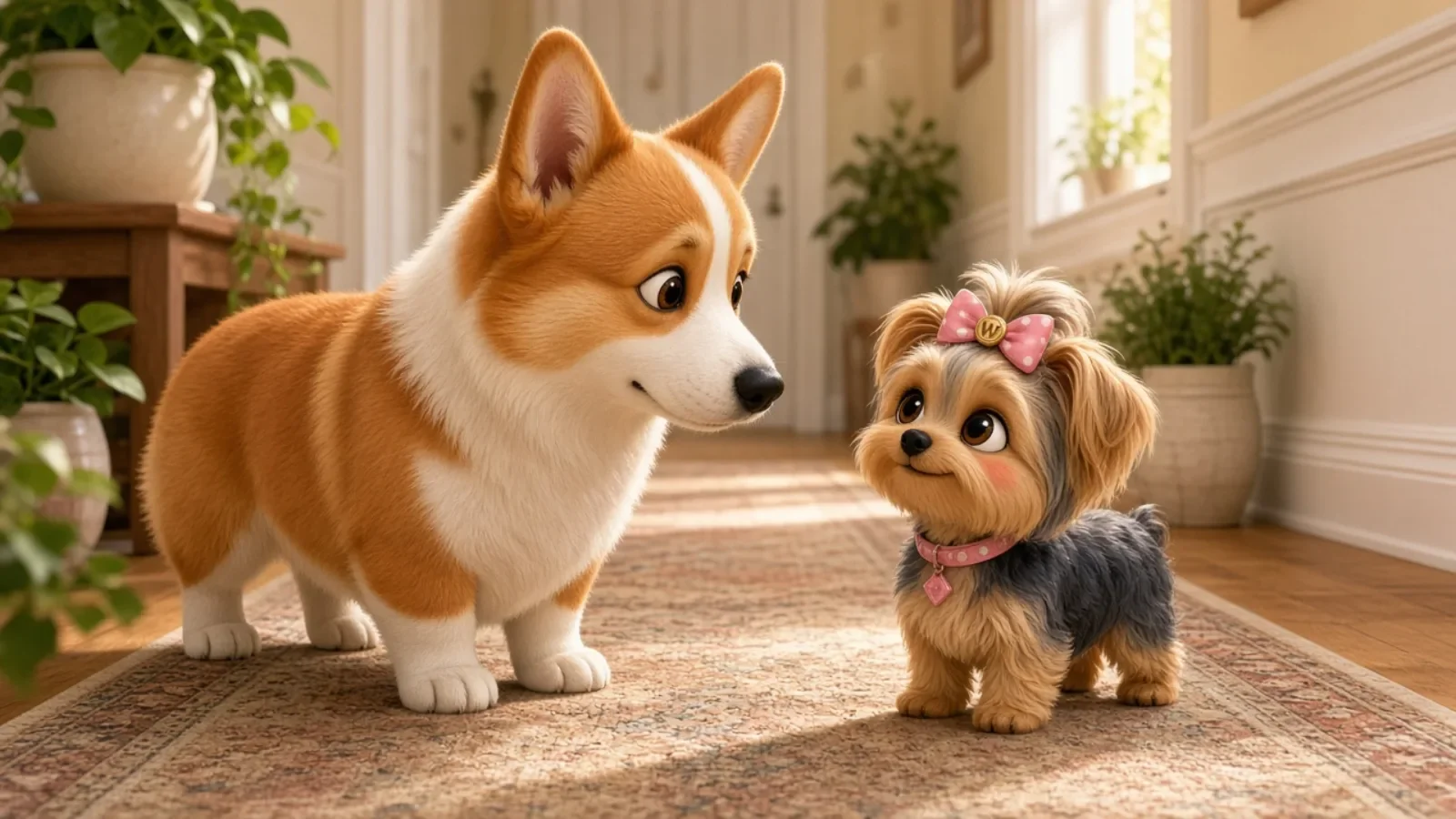 A Pembroke corgi and Wendi standing together in a sunny hallway