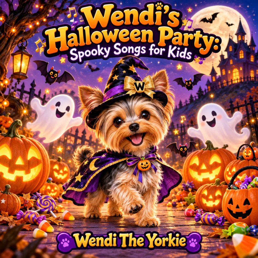Wendi in a witch costume among pumpkins and friendly ghosts, with the title Wendi’s Halloween Party: Spooky Songs for Kids.