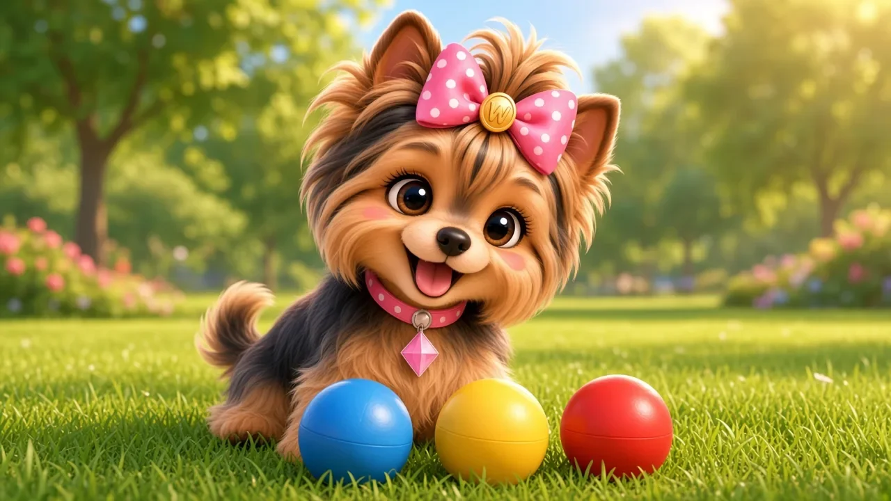 Wendi on the grass with a blue ball, a yellow ball, and a red ball