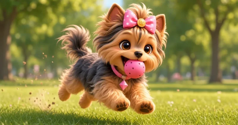 Cute yorkie playing fetch in the park