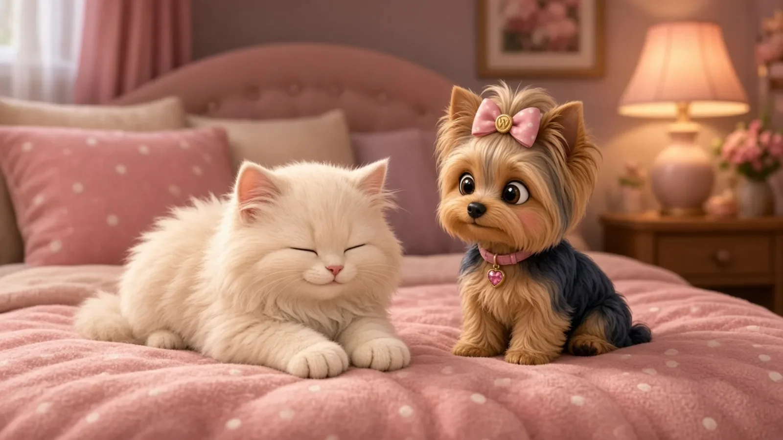 A cream cat kneading a pink blanket while Wendi watches