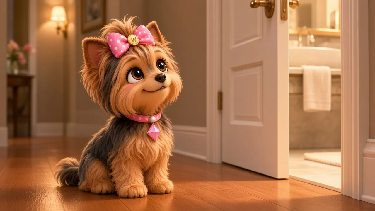 Wendi waiting outside an open bathroom door