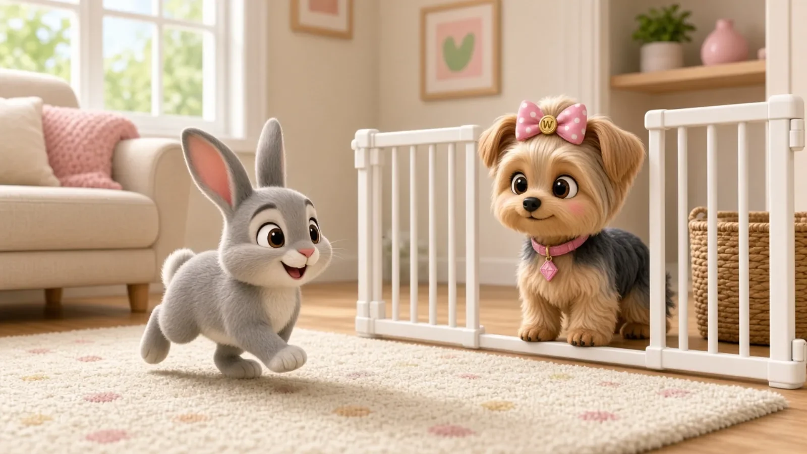 A grey rabbit hopping on a rug while Wendi watches from behind a gate