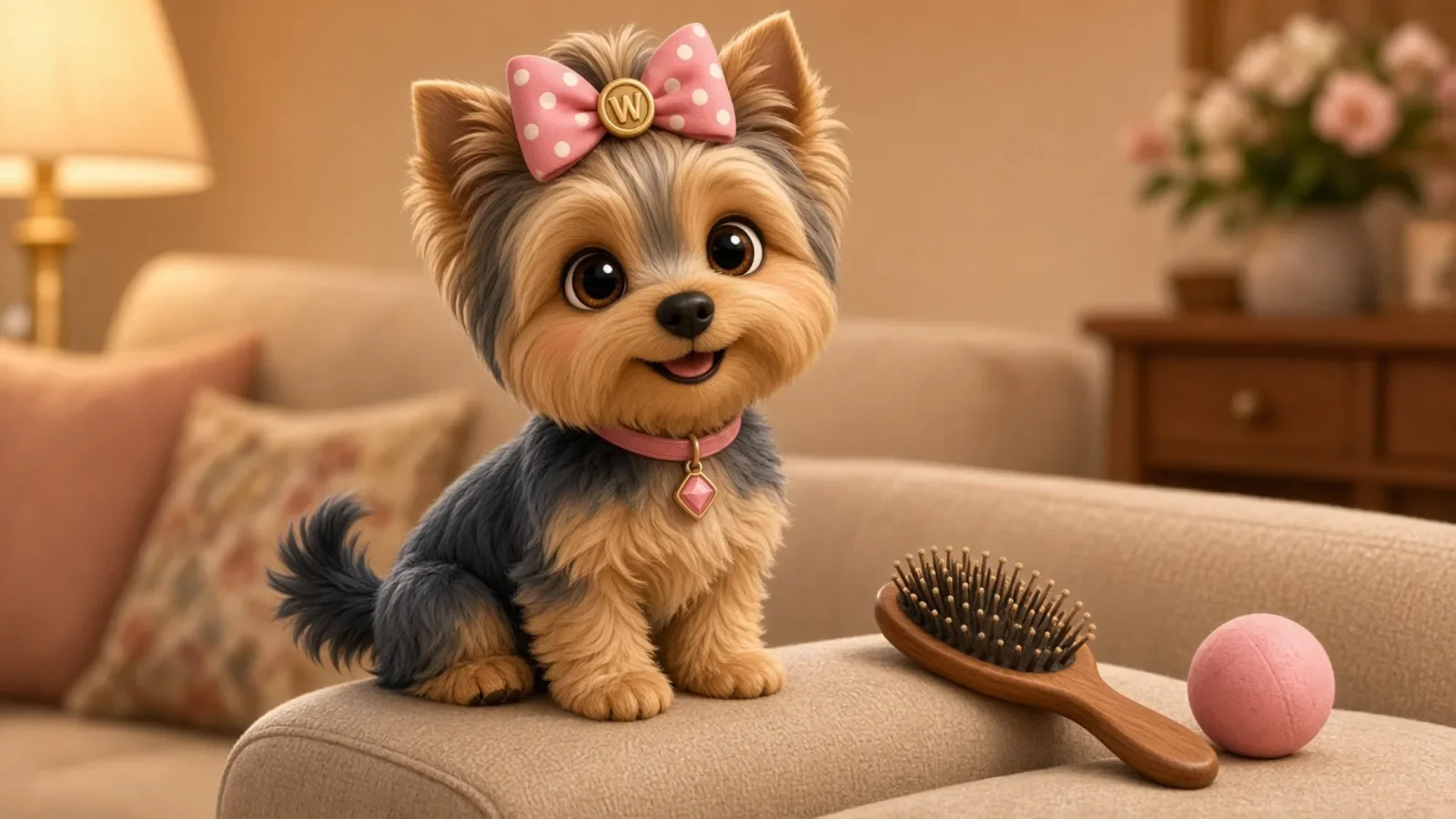 Wendi perched on the sofa arm beside a brush and a ball