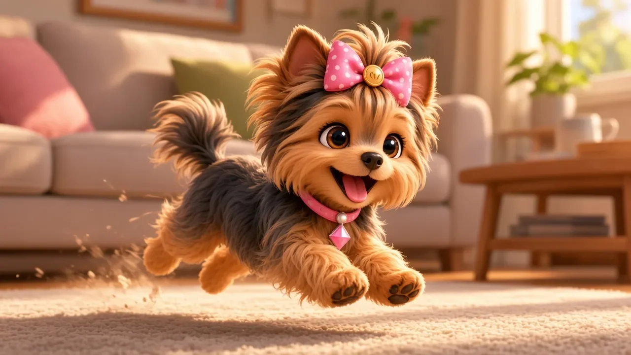 Wendi sprinting across the living room rug