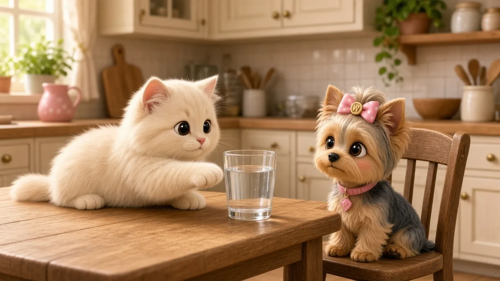 A cream cat reaching for a glass while Wendi watches from a chair