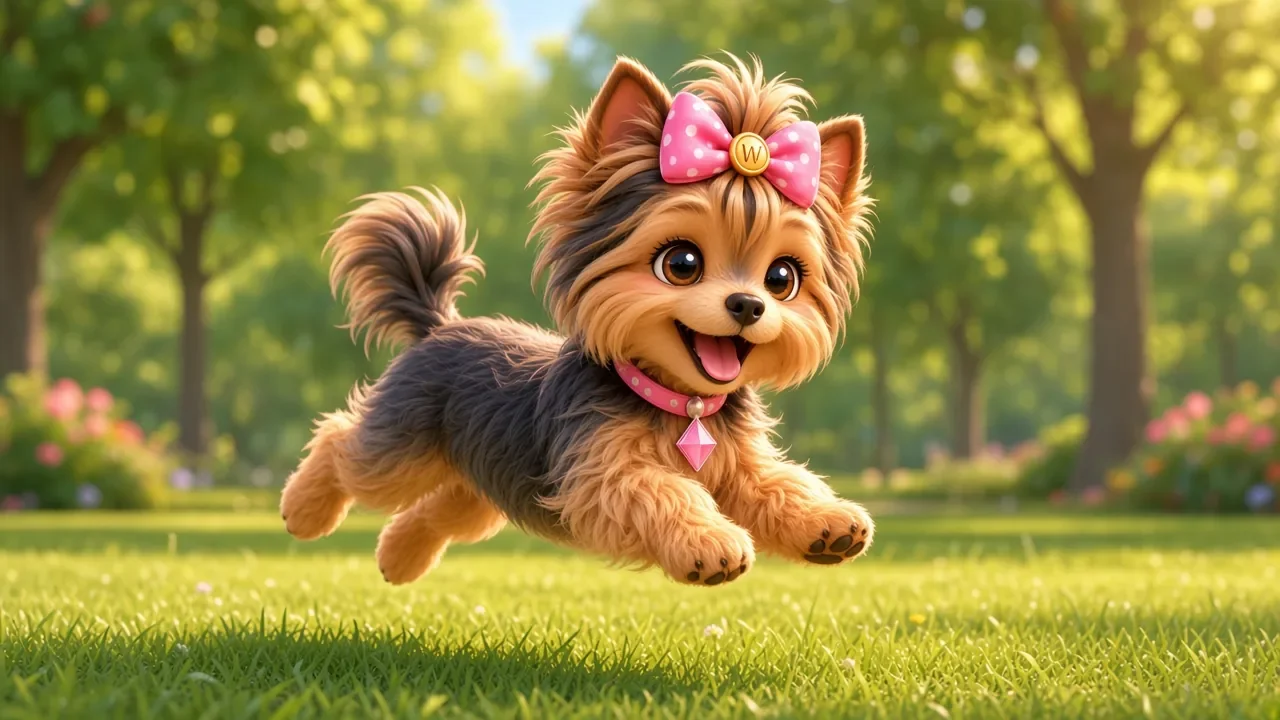 Wendi mid-bounce on a sunlit lawn, ears up and tail wagging