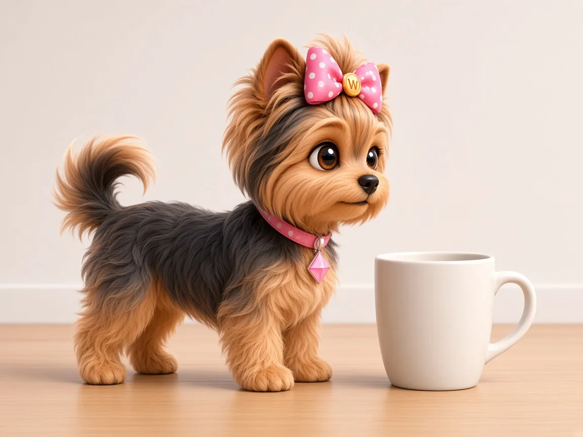 Wendi standing beside an everyday coffee mug, showing just how small an adult Yorkie really is