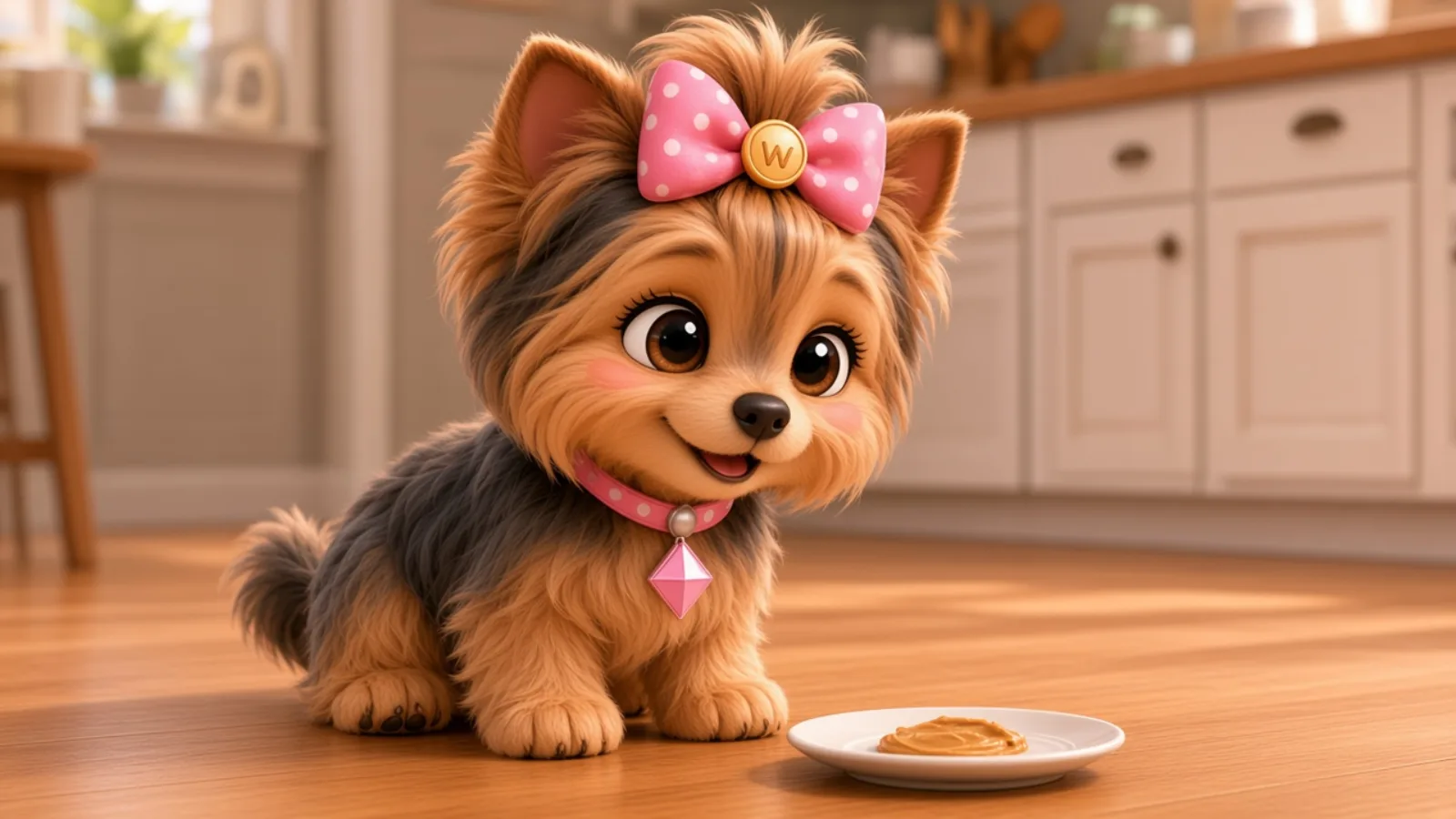 Wendi sitting in the kitchen, looking at a small plate of peanut butter