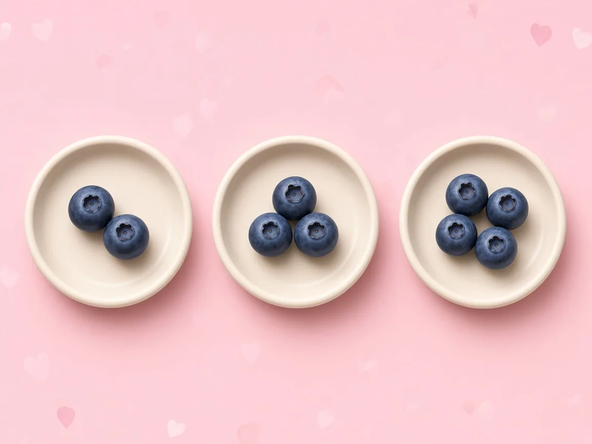 Three small dishes holding two, three and four blueberries as a visual portion guide