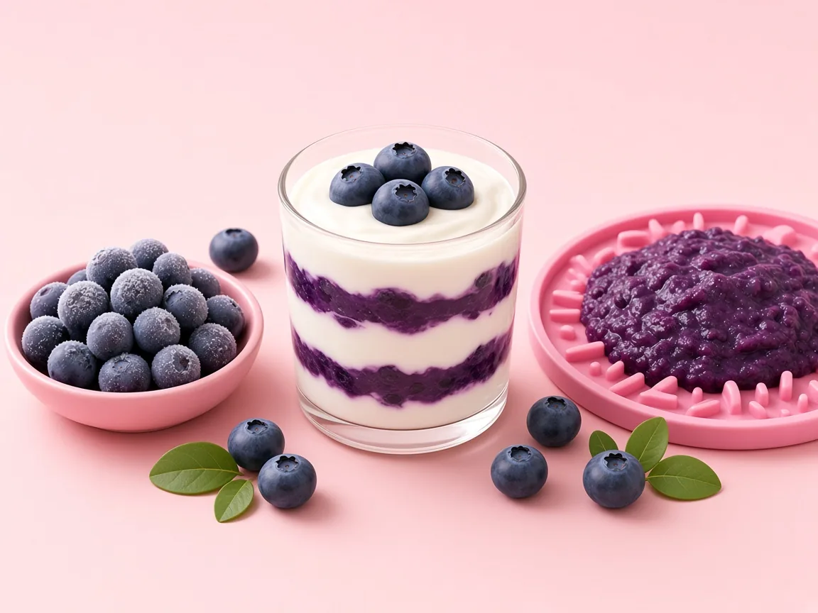 Frozen blueberries, a layered yogurt parfait and a lick mat spread with blueberry mash