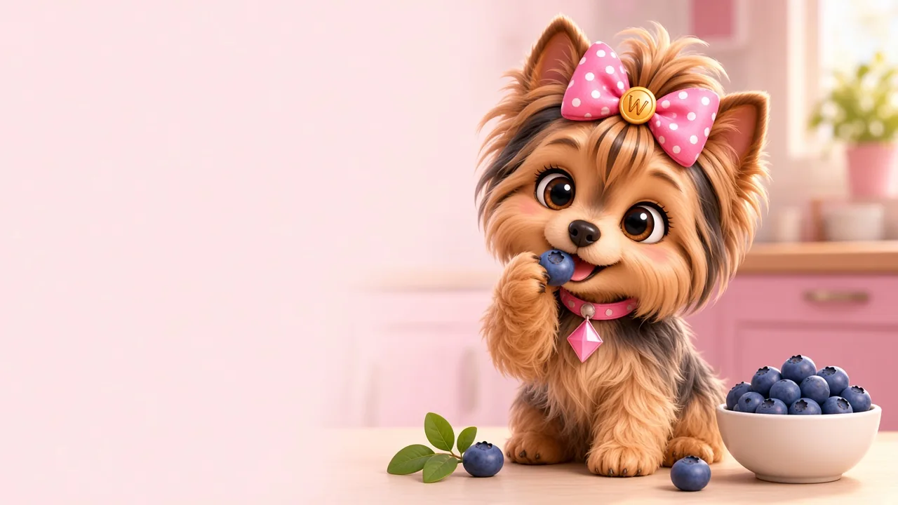 Wendi the Yorkie sniffing a blueberry beside a bowl of fresh berries