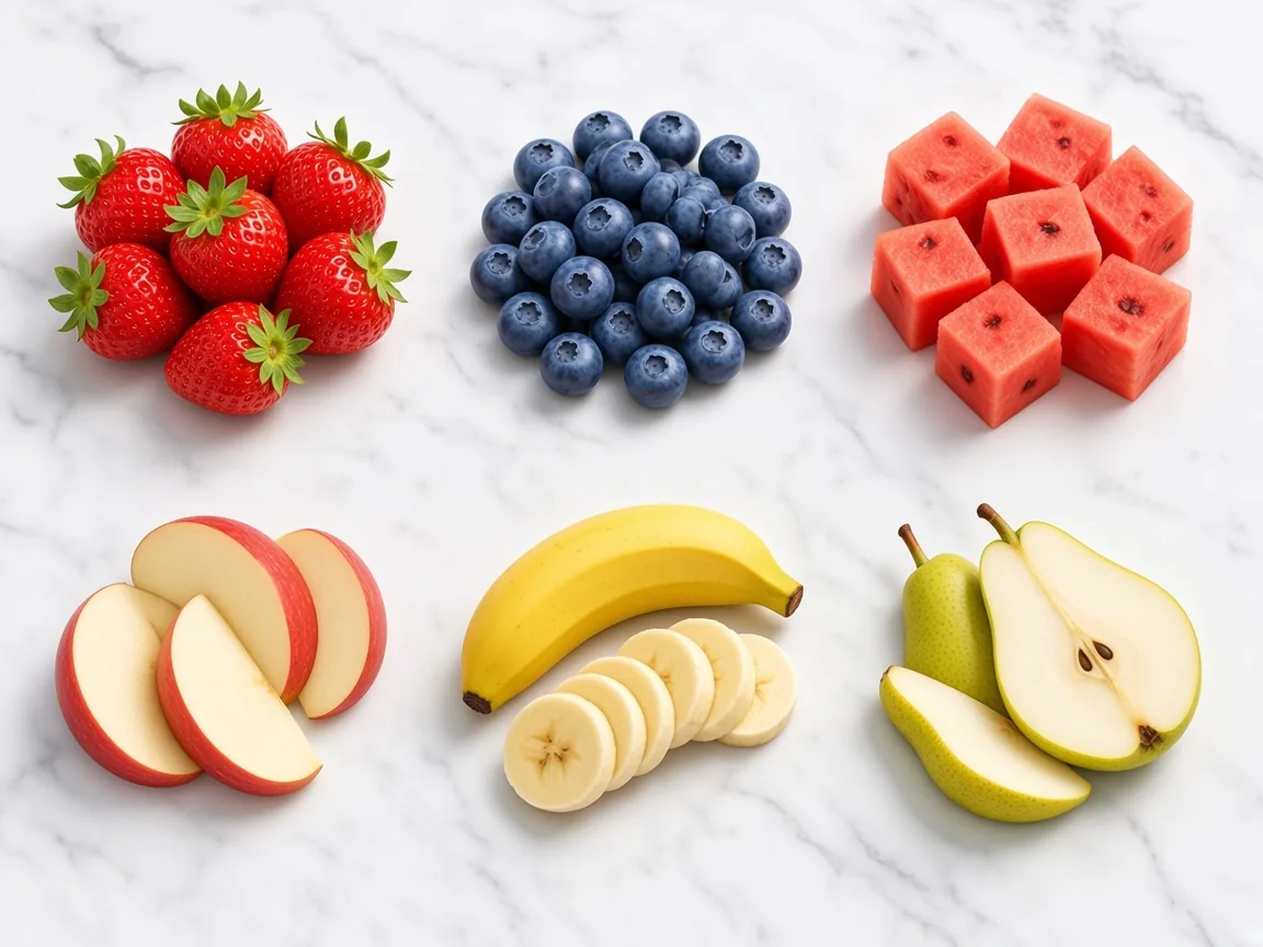 A grid of dog-safe fruits: strawberries, blueberries, watermelon, apple slices, banana and pear