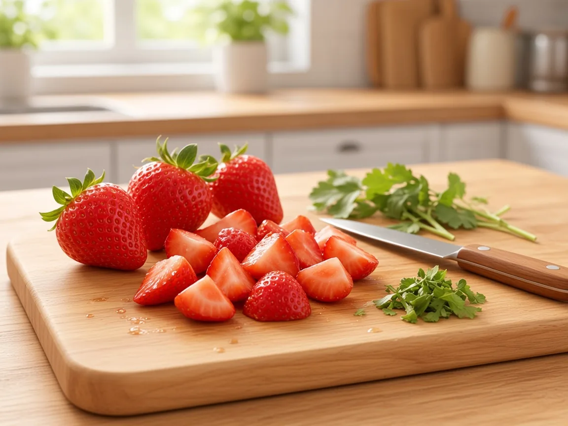 Washed strawberries with stems removed, cut into small Yorkie-sized quarters on a board