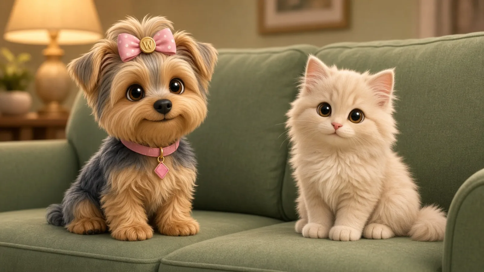 Wendi and a cream cat sharing a sofa, each on their own cushion