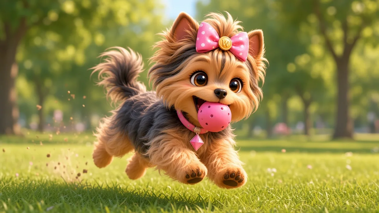 Wendi racing across the park grass with a small ball in her mouth, ears flying