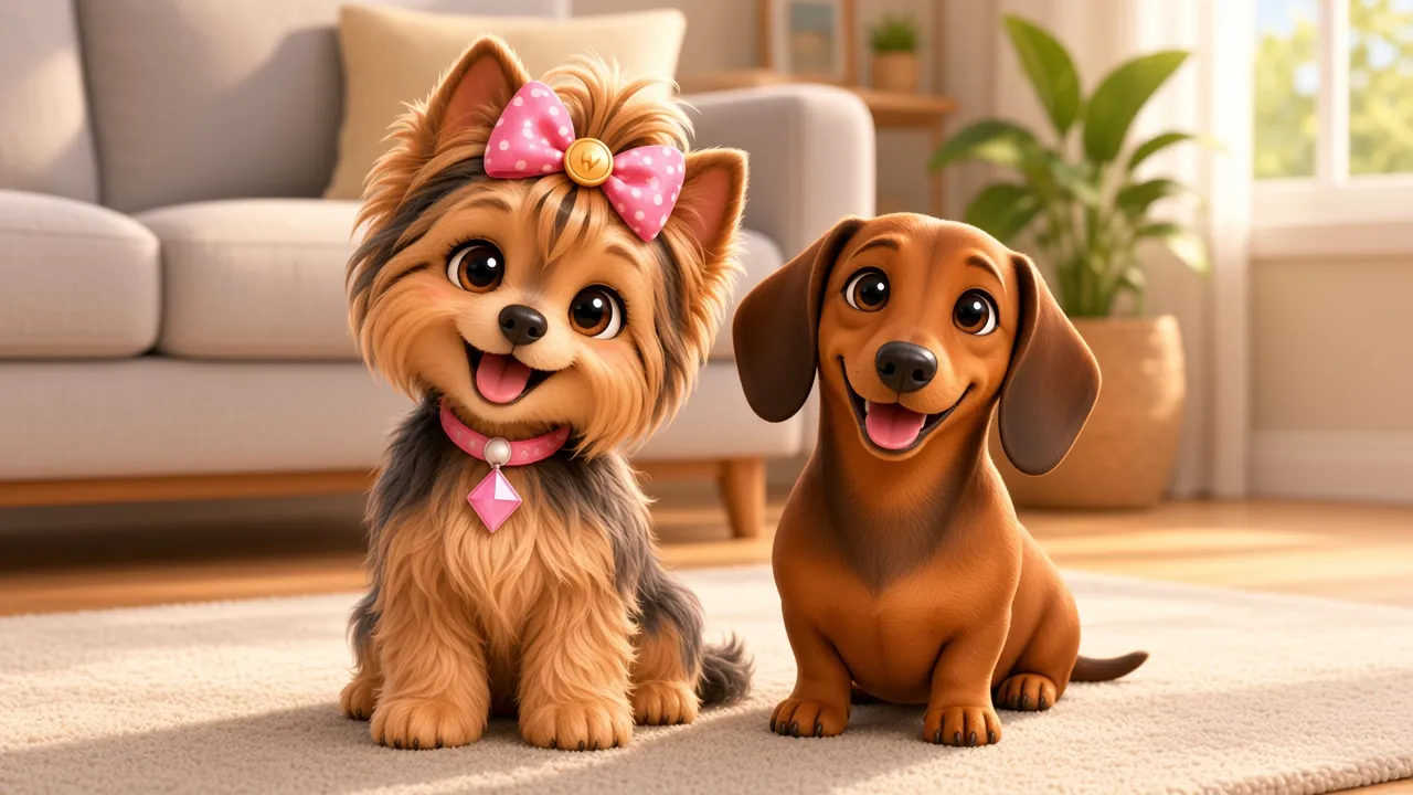 Wendi sitting beside a long-backed dachshund on a living-room rug