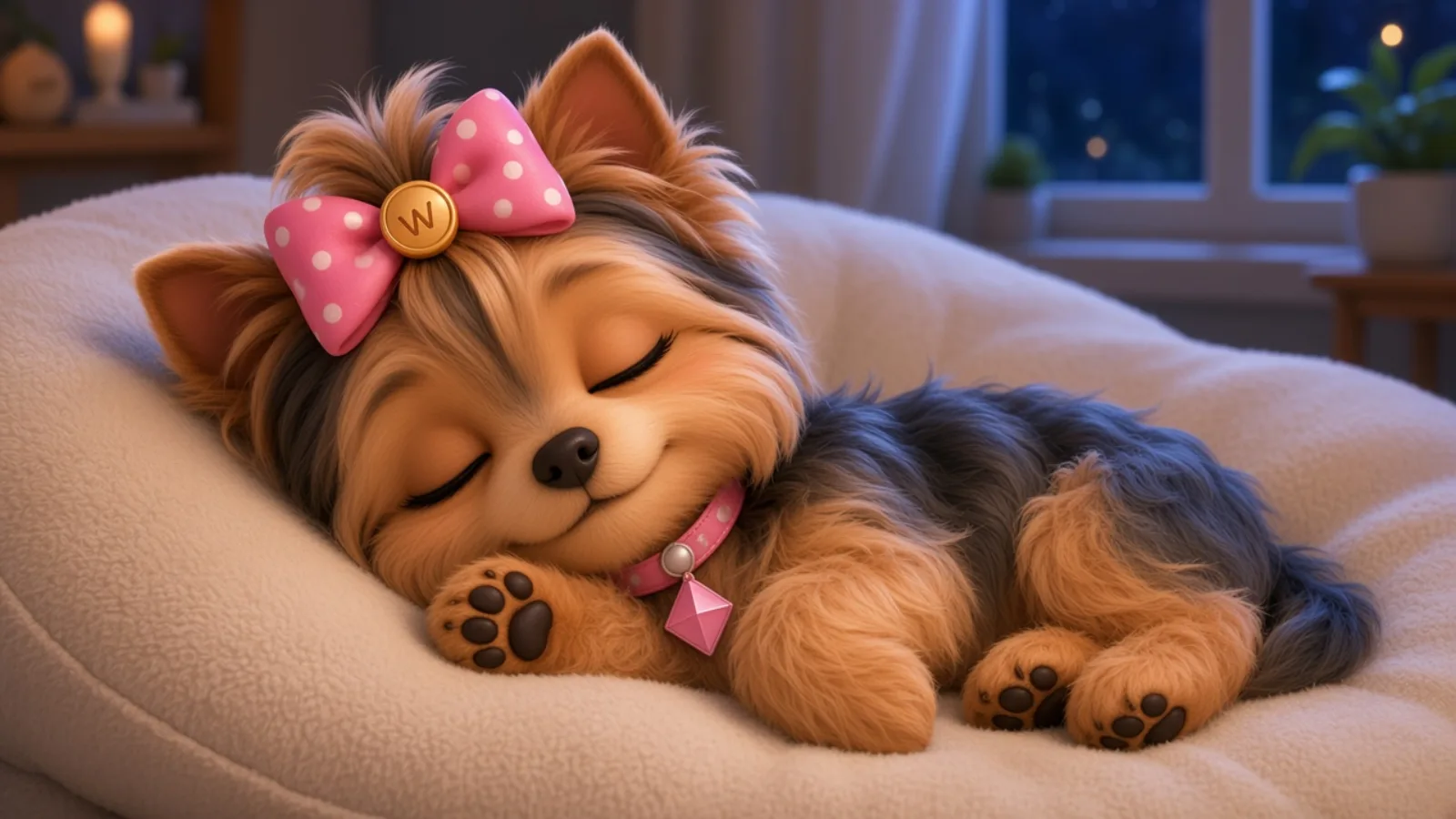 Wendi asleep on her side, one paw twitching on a soft blanket