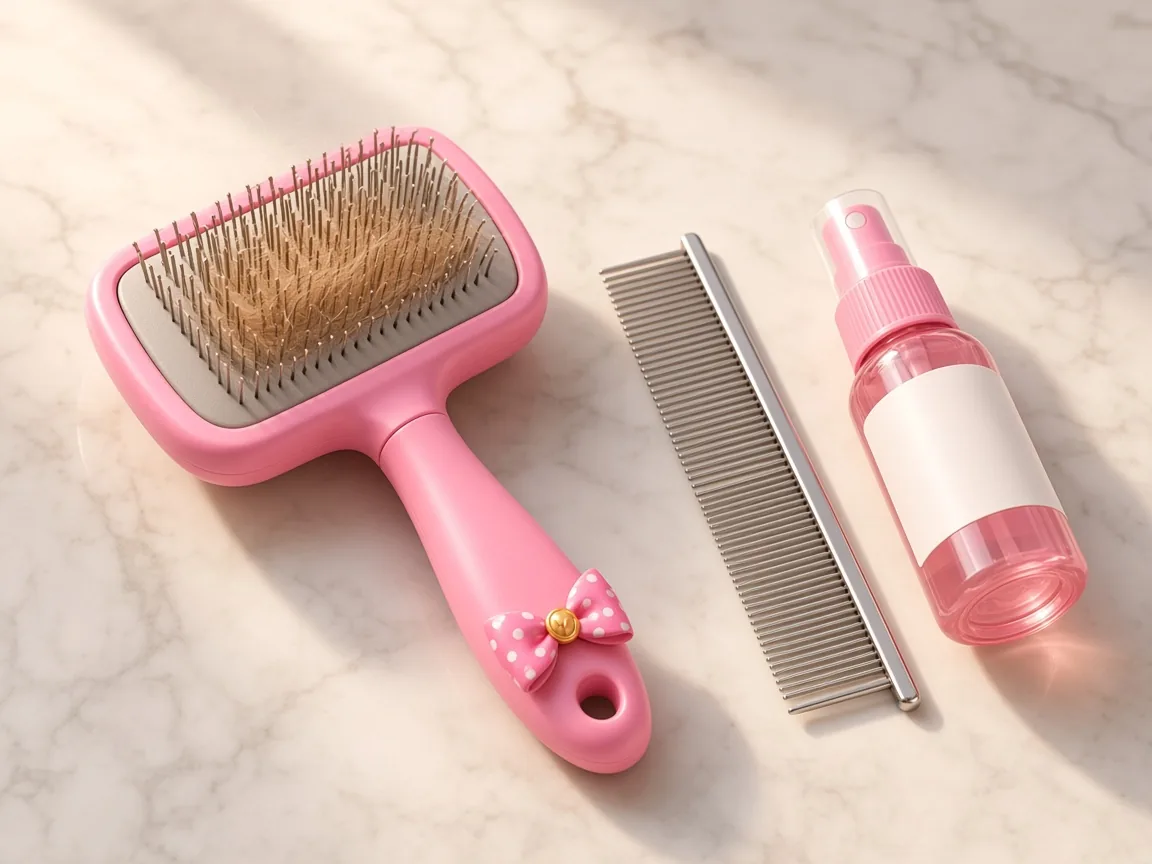 A slicker brush holding only a small wisp of fine tan hair