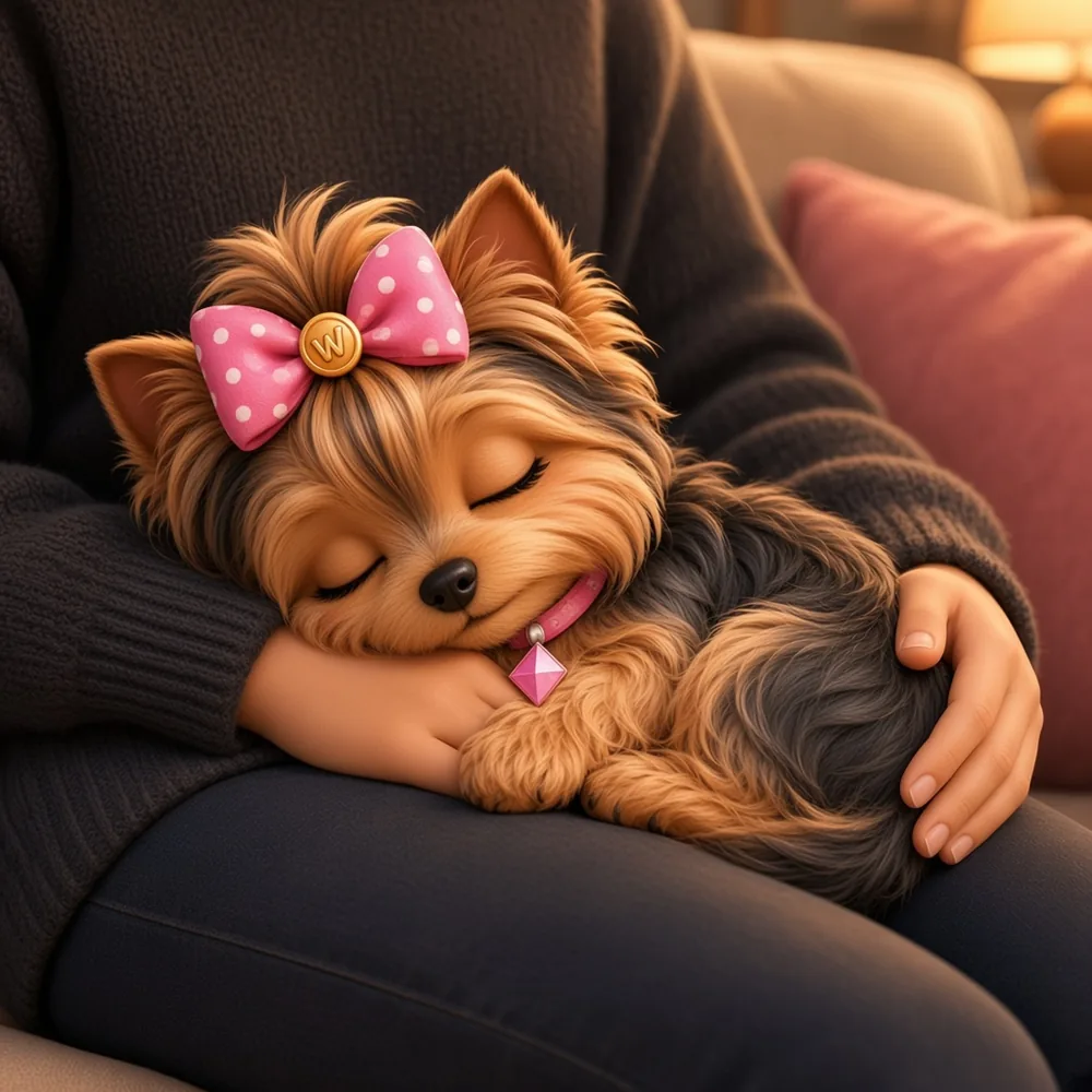 Wendi curled asleep on a lap, the dark knitwear completely free of hair