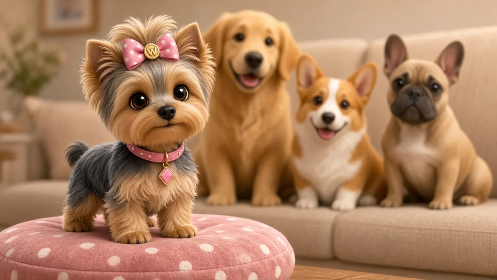 Wendi on a cushion, with a golden retriever, a corgi, and a French bulldog waiting on the sofa