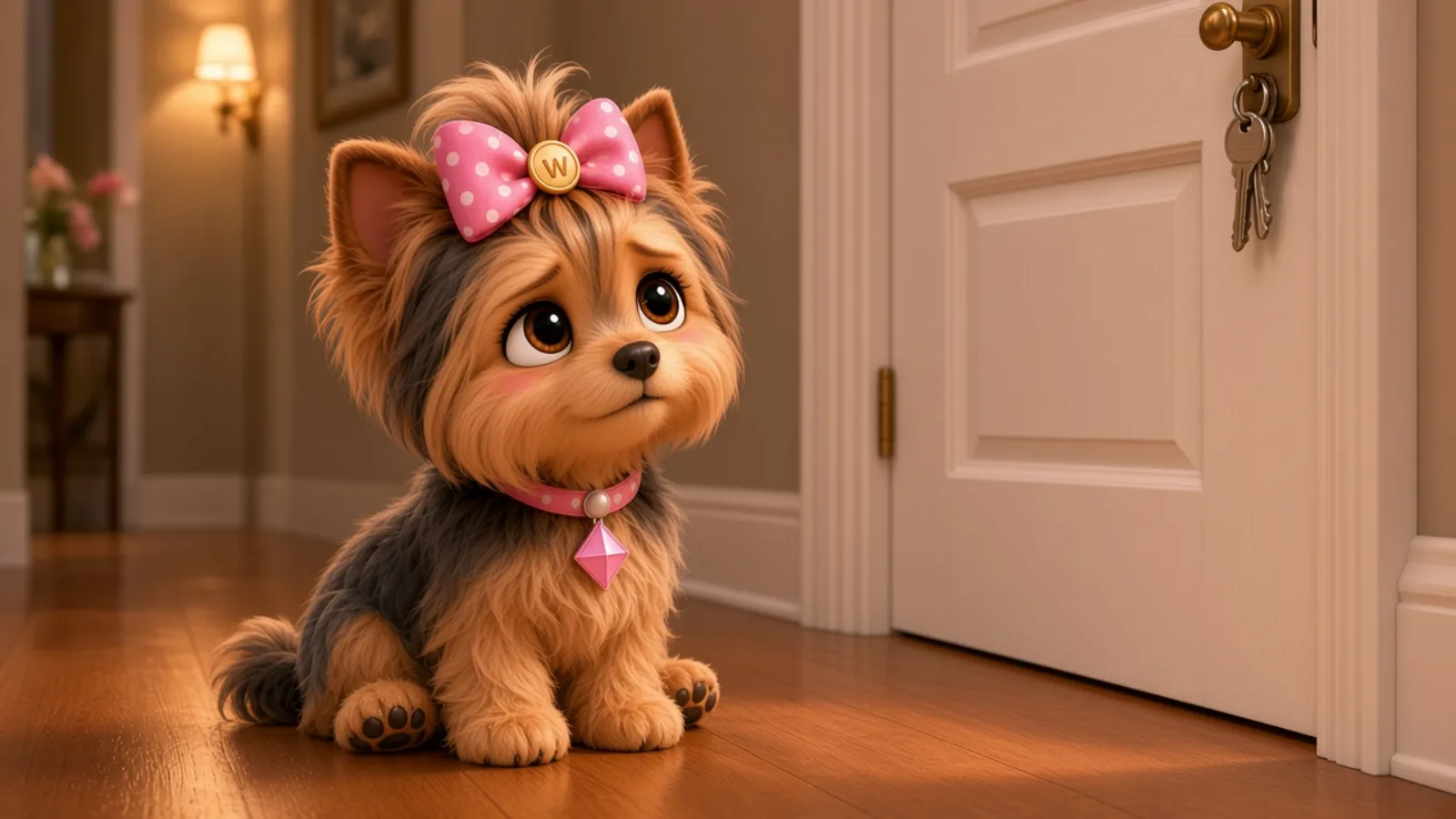 Wendi sitting by a closed front door