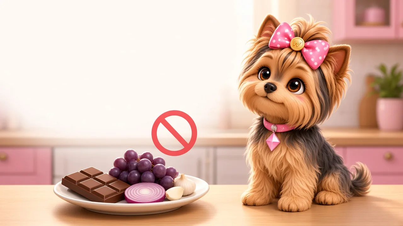 Wendi the Yorkie turning away from a plate of chocolate, grapes, onion and garlic