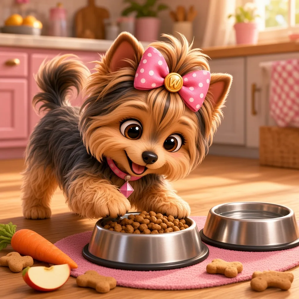 Wendi the Yorkie happily eating small-breed kibble from her own bowl