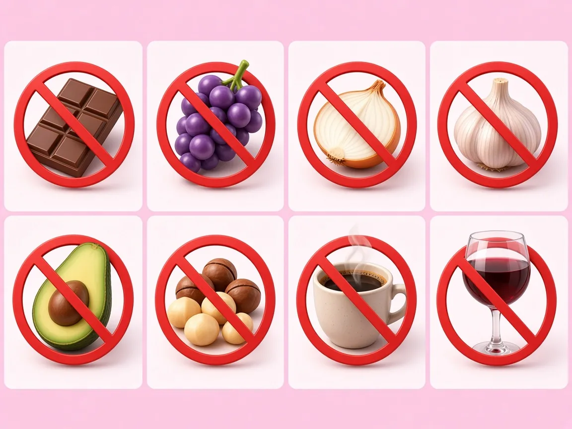 Chocolate, grapes, onion, garlic, avocado, macadamia nuts, coffee and wine shown with prohibition symbols
