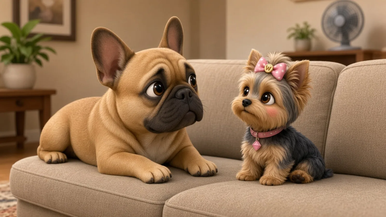 A French bulldog lounging on the sofa while Wendi looks up at him