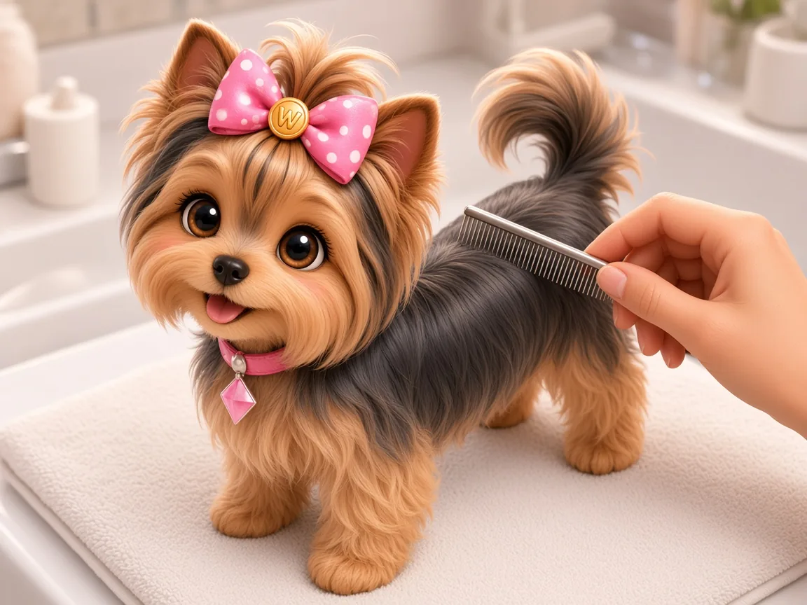 Wendi mid-brush, her coat being combed into its characteristic straight parting