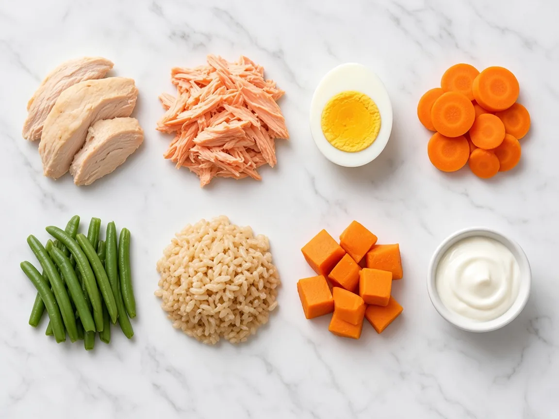 A tidy grid of Yorkie-safe foods: cooked chicken, salmon, egg, carrots, green beans, brown rice, sweet potato and plain yoghurt