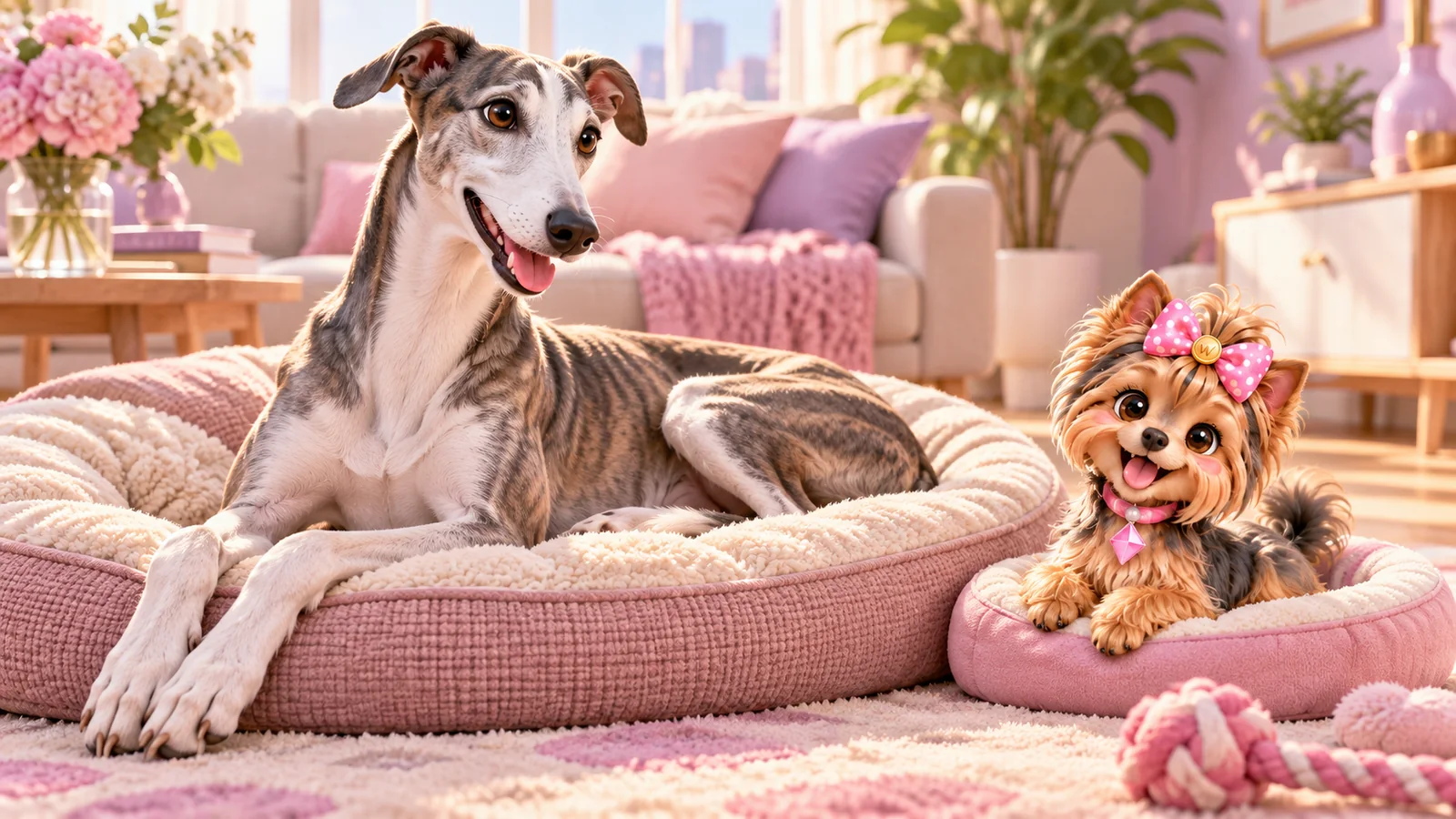 A greyhound and Wendi resting on separate comfortable beds in a tidy flat