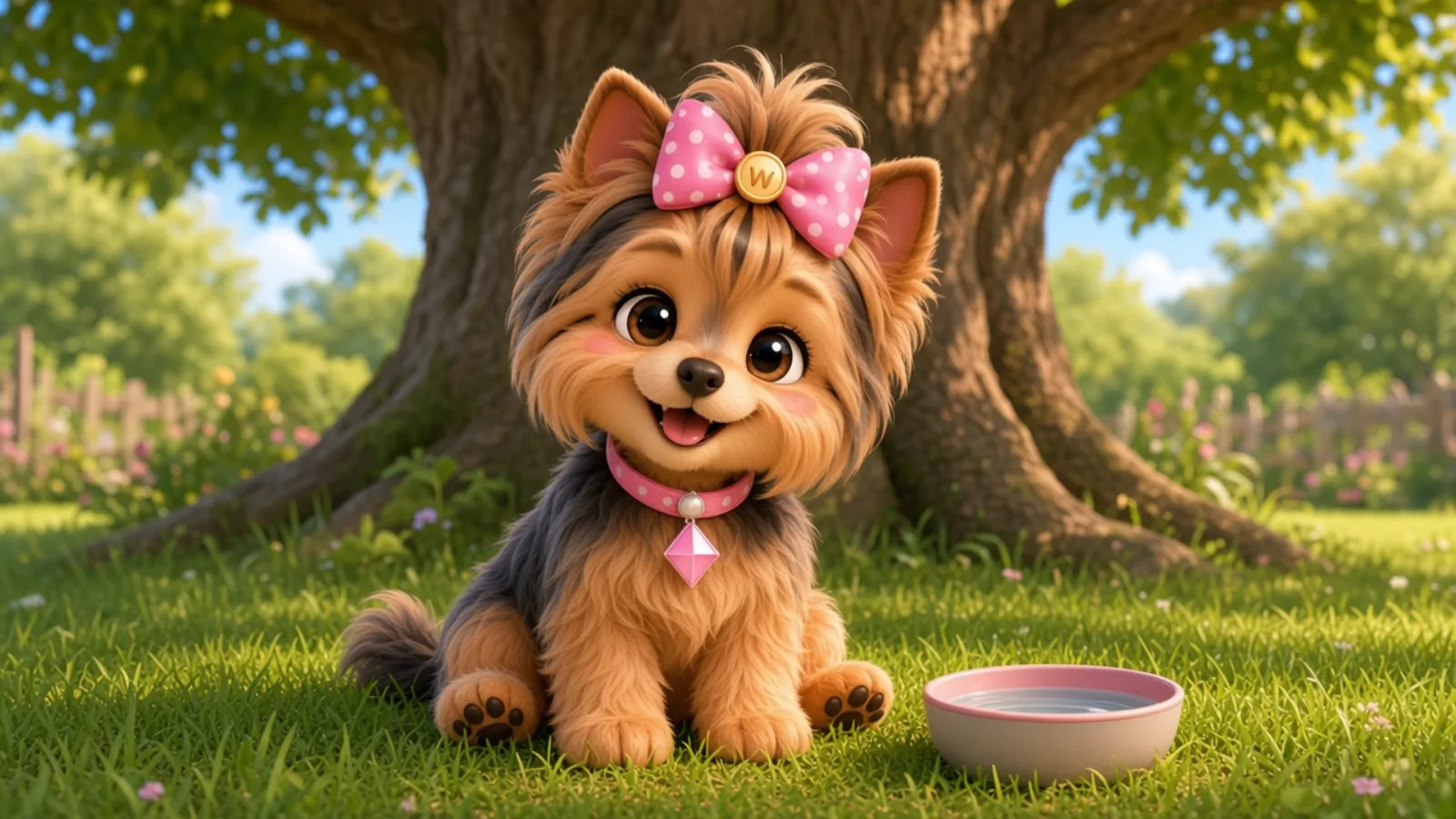 Wendi sitting in the shade beside a water bowl