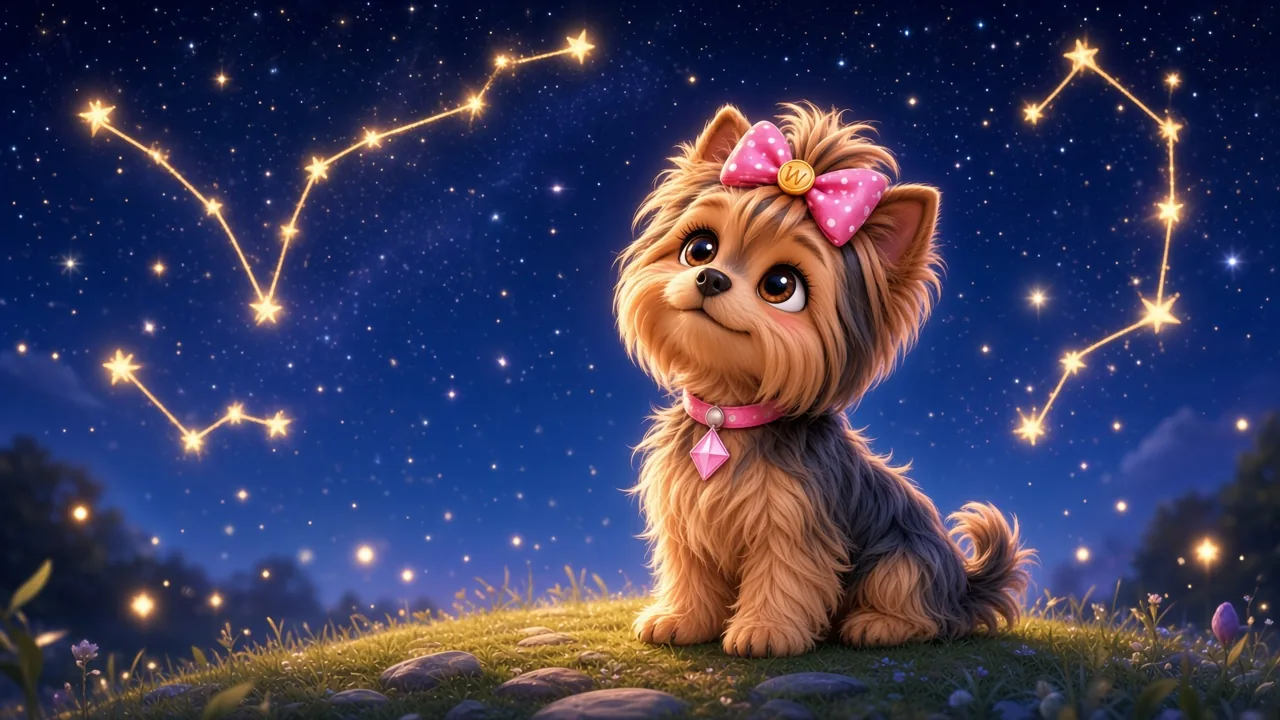 Wendi sitting beneath a starry night sky with zodiac constellations glowing above her
