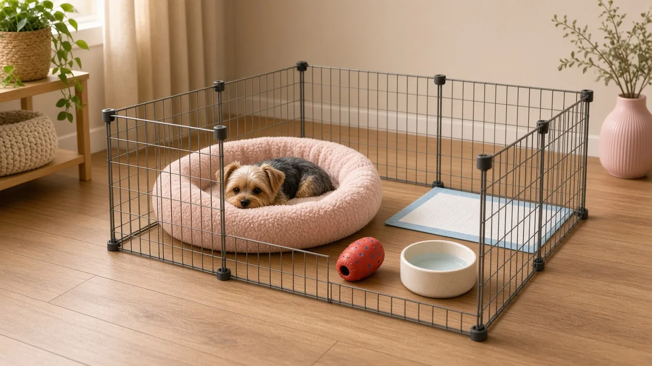 A Yorkie crate, water bowl, chew toy and puppy pad arranged in a small playpen