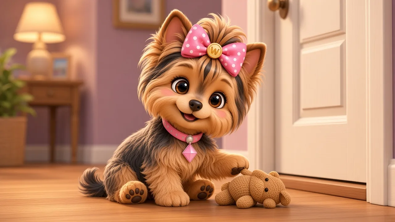 Wendi the Yorkie waiting by the front door with her favourite toy