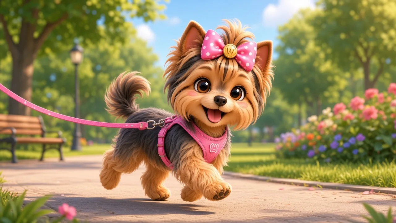 Wendi the Yorkie trotting along a park path in a pink harness