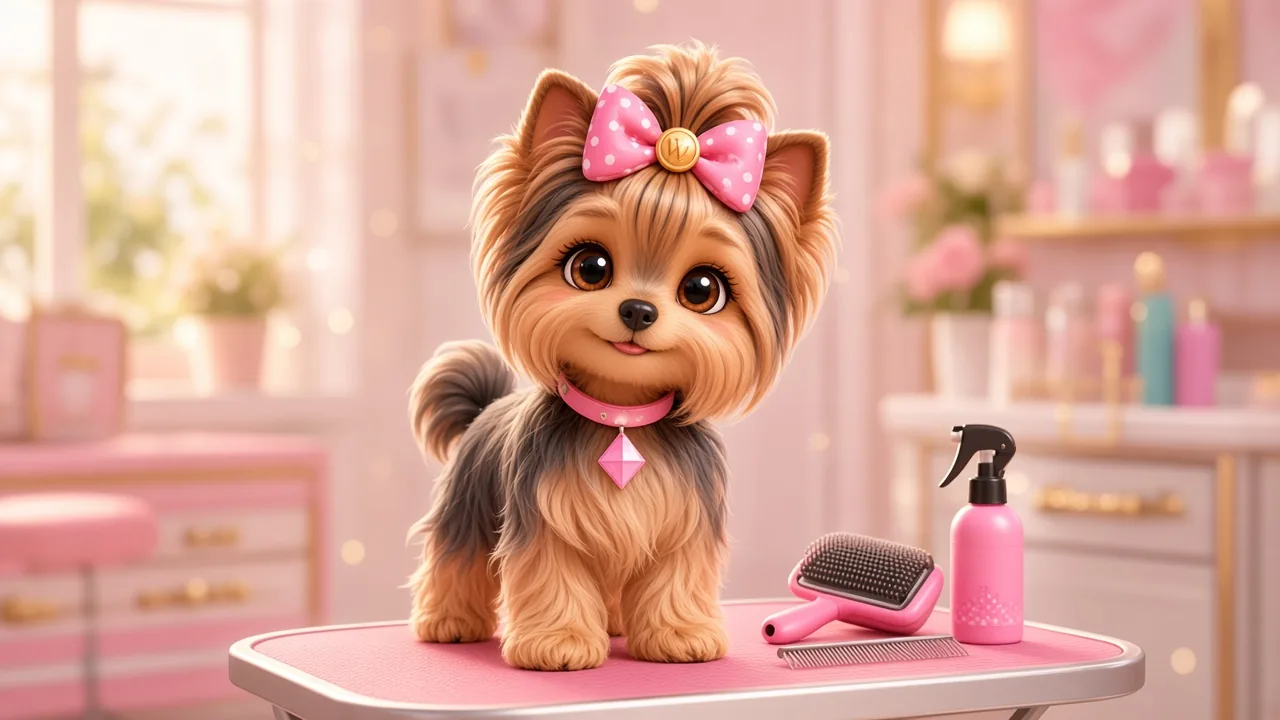 Wendi the Yorkie freshly groomed on a pink grooming table with her brushes