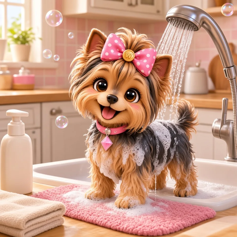 Wendi standing in a kitchen sink covered in suds during a bath