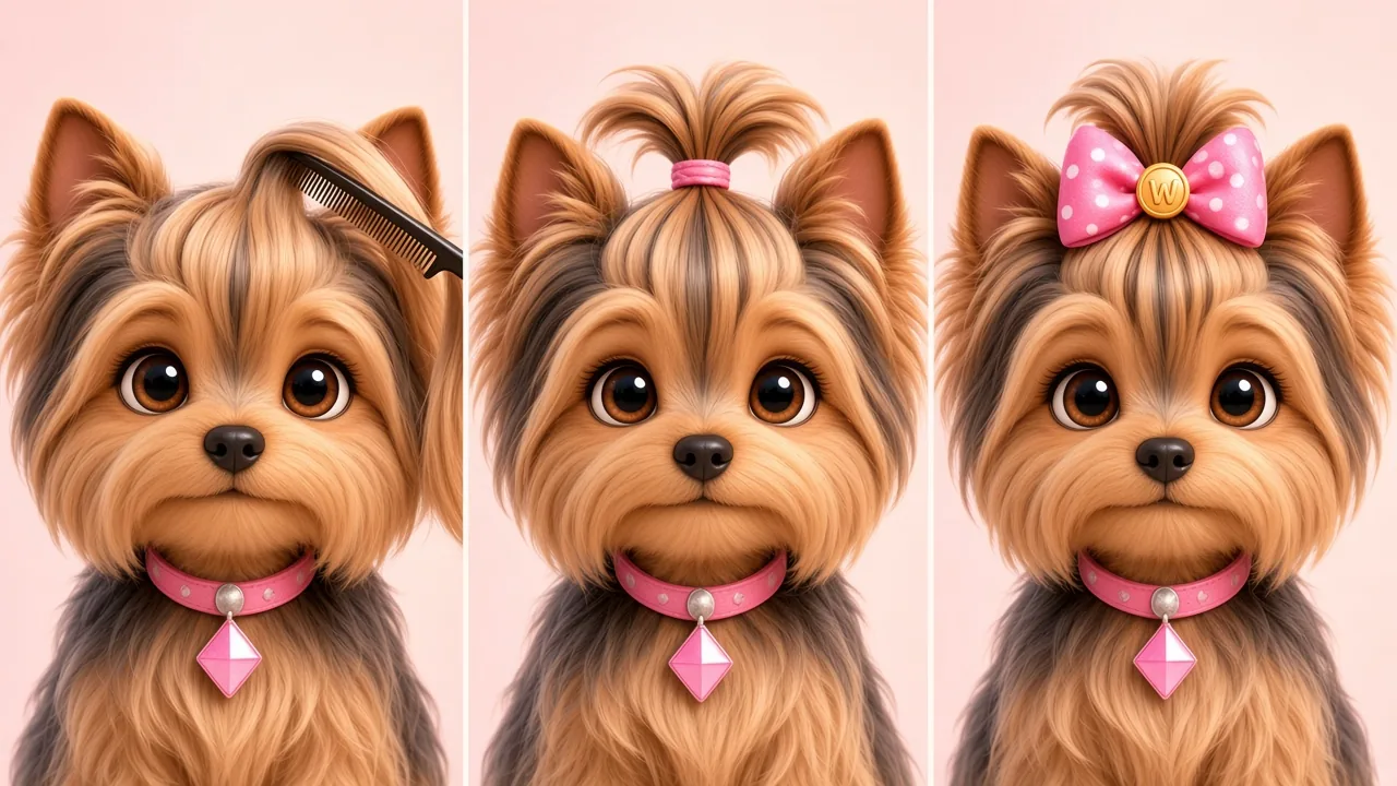 Three-step sequence showing hair sectioned, gathered into a ponytail, then finished with a bow