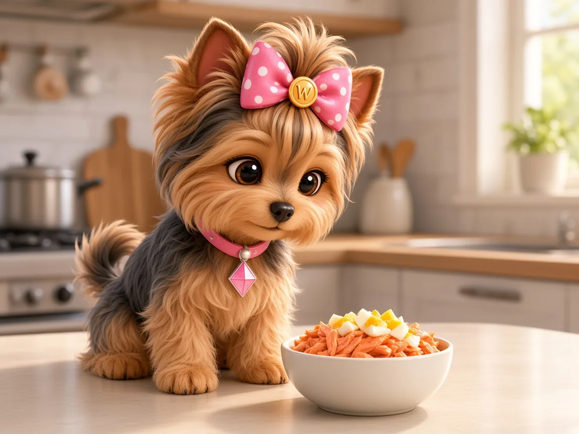 Wendi beside a bowl of salmon and egg, foods that support a healthy coat