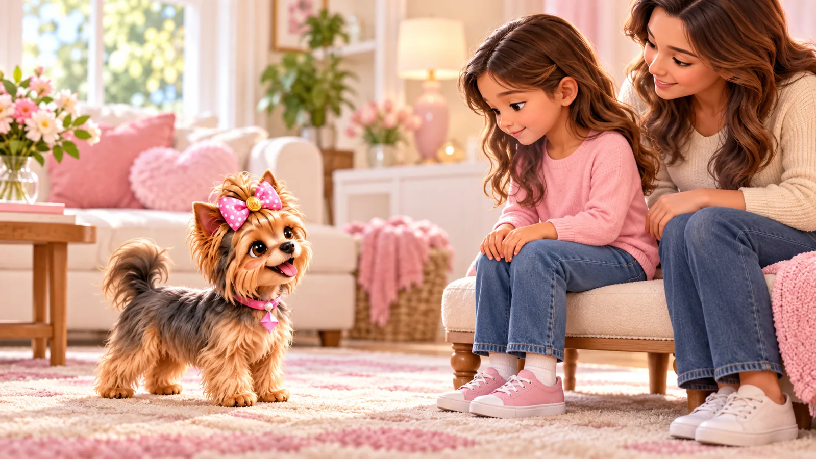 A child waiting with hands on their knees beside a supervising parent while Wendi chooses whether to approach
