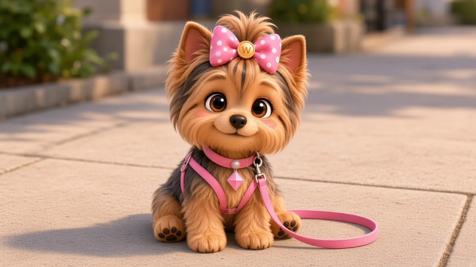 Wendi sitting on a sidewalk with a slack pink leash