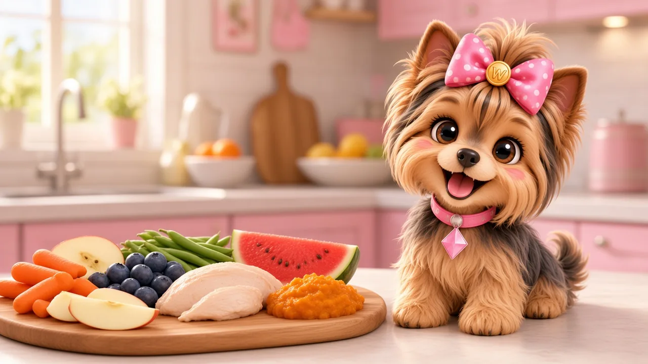 犬に安全な果物、野菜、プレーンな鶏肉を並べたところに座るヨーキーのウェンディ