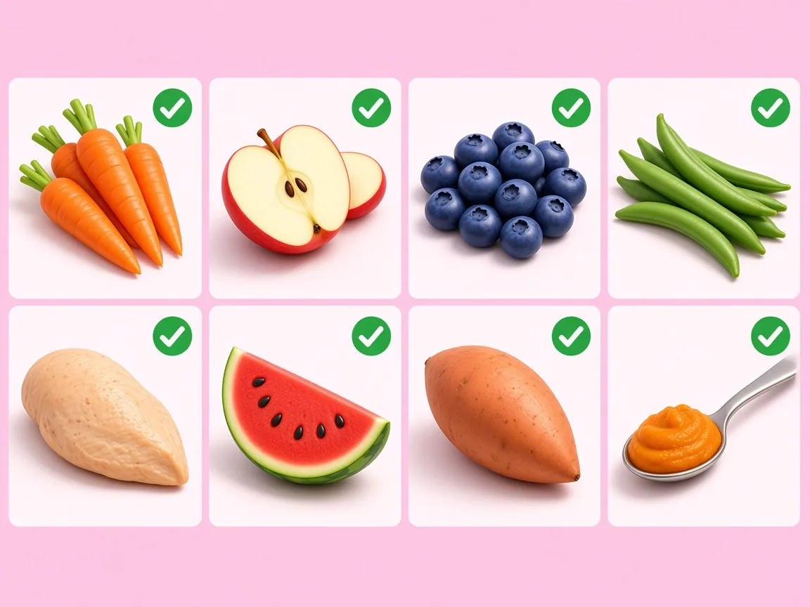 Carrots, apple, blueberries, green beans, chicken, watermelon, sweet potato and pumpkin shown as safe