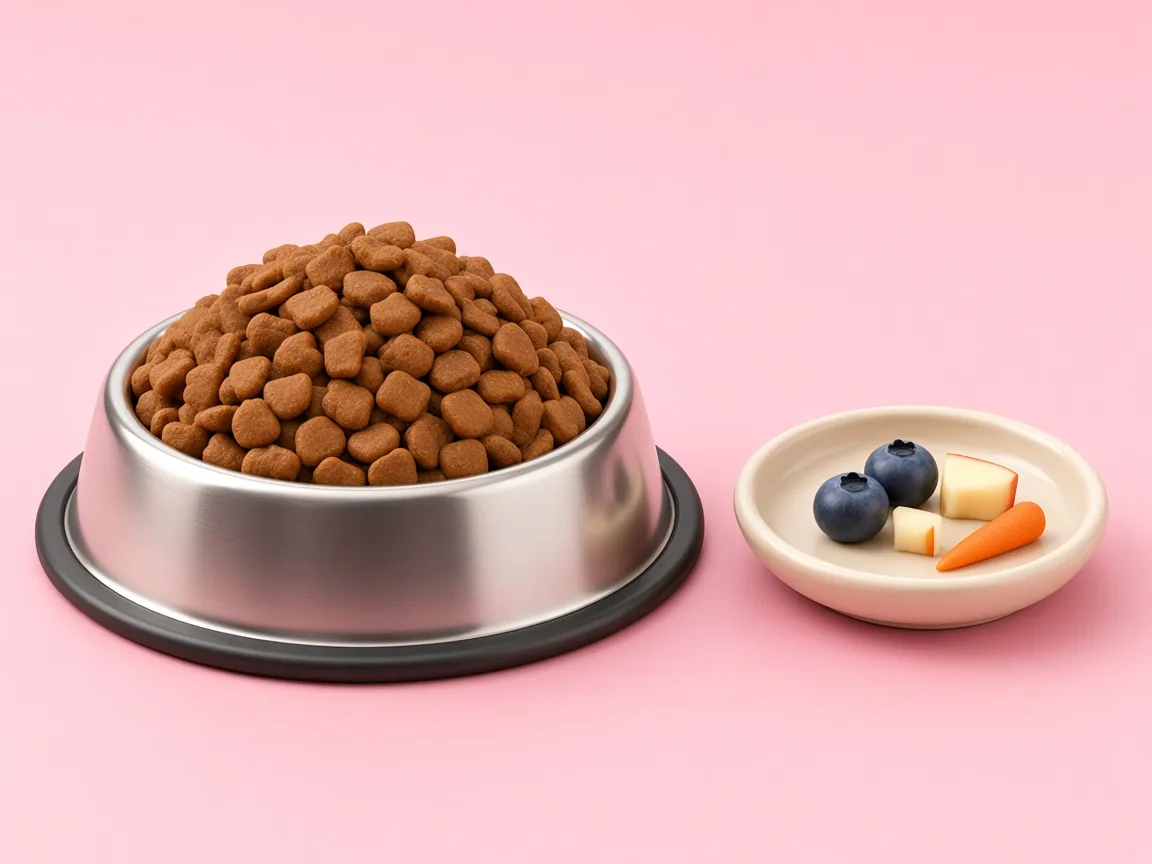 A full bowl of kibble next to a tiny dish of treats, showing the size difference