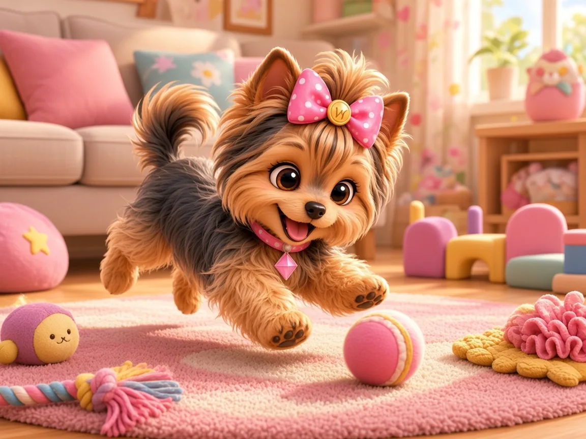 A Yorkie enjoying indoor play