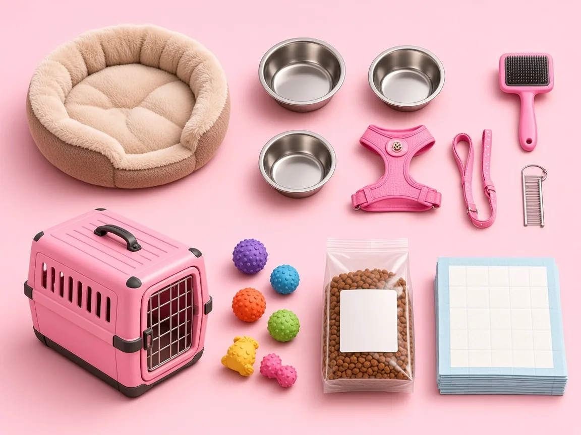 Flat-lay of essential Yorkie puppy supplies